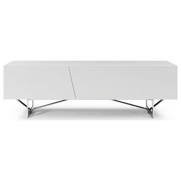 Saleen TV Stand, White Gloss With Stainless Steel Legs