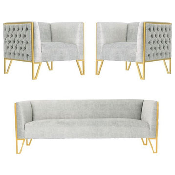 Manhattan Comfort Vector 3-Piece Velvet Upholstered Sofa Armchair Set in Gray