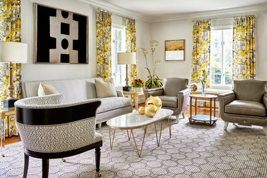 Inspiration for a mid-sized transitional formal and enclosed light wood floor living room remodel in Charlotte with gray walls, a standard fireplace, a stone fireplace and no tv
