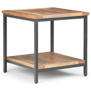 Industrial End Table, Square Design With Mango Wood Top & Bottom Shelf, Natural