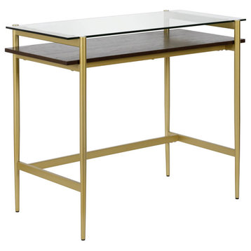 Elegant Desk, Golden Metal Frame With Middle Wooden Shelf & Tempered Glass Top