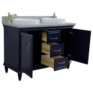 49" Double Vanity, Blue Finish With Gray Granite And Round Sink