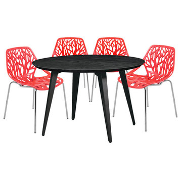 Leisuremod Ravenna 5-Piece Dining Set With 4 Stackable Chairs and Round Table, Red