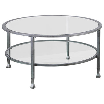 Elegant Coffee Table, Metal Frame With Round Glass Top, Silver/Black Distressing