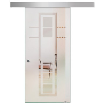 Sliding Glass Barn Door With Geometric Design ALU100, 24"x81", Right
