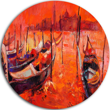 Red Sunset Over Venice, Landscape Painting Disc Metal Artwork, 23"
