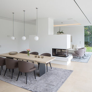 エッセンの中サイズのコンテンポラリースタイルのLDKの画像 (白い壁、両方向型暖炉)