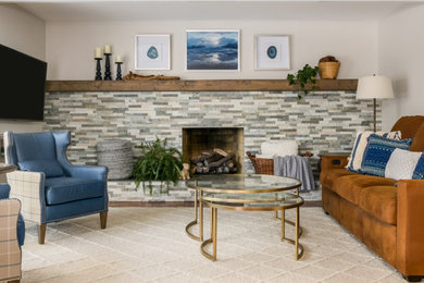 Inspiration for a mid-sized transitional open concept medium tone wood floor, brown floor and exposed beam living room remodel in Philadelphia with a standard fireplace and a stacked stone fireplace