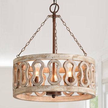 Belladepot 3-Light Mid-Century Cylindrical Wood Chandelier for Kitchen, Distressed, 14.96inches