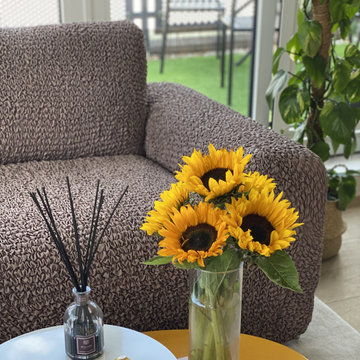 Cappuccino Sofa & Mango Pillows Slipcovers | Mamma Mia Covers