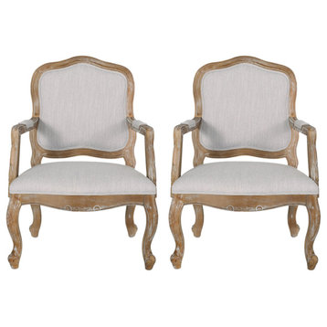 Stene French Country Upholstered Dining Armchair, Light Grey + Natural, Set of 2