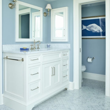 Bianco Cararra Marble Vanity Top and Backsplash with 3x12 Bianco Cararra Marble