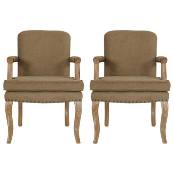 Tim Fabric Dining Arm Chair With Nailhead Trim, Set of 2, Dark Beige and Natural, Fabric