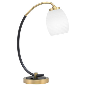 1-Light Desk Lamp, Matte Black/New Age Brass Finish, 5" White Linen Glass