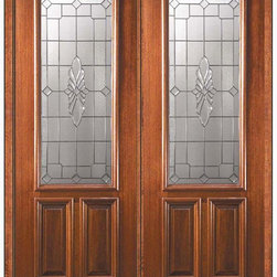 Prehung Double Door 96 Mahogany Versailles 2 Panel 2/3 Lite Glass - Front Doors