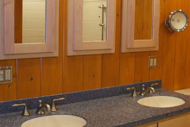 Small 3/4 bathroom photo in Boston with an undermount sink, shaker cabinets and medium tone wood cabinets