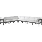 Meridian Furniture - Nizuc Water Resistant Patio L-Shaped Modular Sectional, White, 8-Piece: 5 Armless Chair, 3 Corner Chair, Dark Gray Aluminum Frame - Pick and choose your favorites from the Nizuc collection to create a modular seating group the whole gang will enjoy. The sturdy aluminum frame provides dependable support for friends and family as they relax and unwind, and the resilient white water resistant fabric stands up to the elements without losing its beautiful demeanor, so you can count on it lasting for the long haul. Latches beneath these seating pieces help you easily attach them to one another for convenient setup.