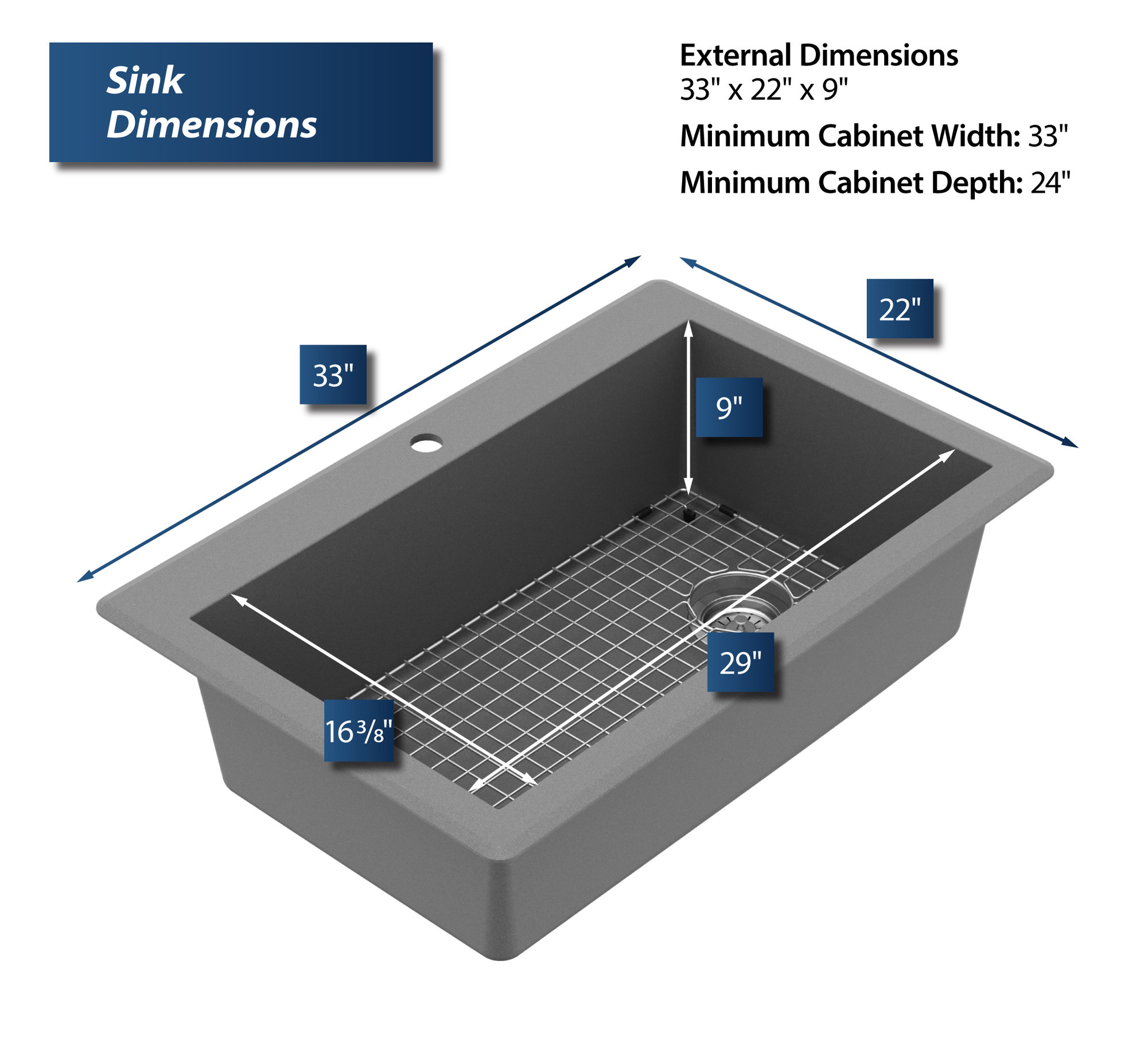 Karran Drop-In Quartz 33" 1-Hole Single Bowl Kitchen Sink Kit, Grey