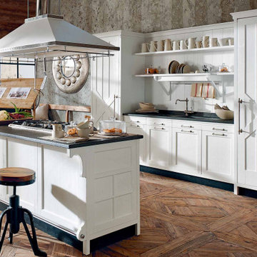 White Shaker-Style Cabinets in Vintage Industrial Farmhouse Kitchen by Darash