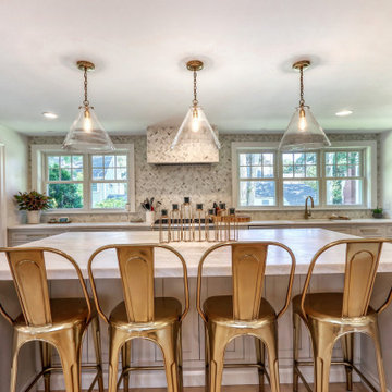 Melrose Kitchen Island with Brass Stools