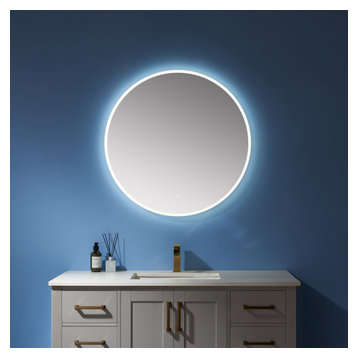 Modern & Contemporary Frameless Lighted Round Bathroom Mirror, 32 Inch