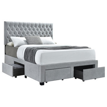 Benzara BM215859 Fabric Upholstered Queen Size Bed with Bottom Drawers, Gray