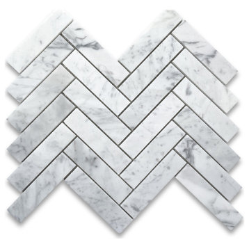 Carrara White 1x4 Herringbone Marble Mosaic Tile Honed Venato Bianco, 1 sheet
