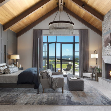 Primary Bedroom Luxury Design with Fireplace, Lofted Ceilings, Moody Color Palle