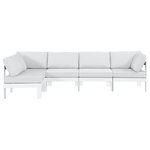 Meridian Furniture - Nizuc Water Resistant Patio L-Shaped Modular Sectional, White, 5-Piece: 3 Armless Chair, 2 Corner Chair, White Aluminum Frame - Pick and choose your favorites from the Nizuc collection to create a modular seating group the whole gang will enjoy. The sturdy aluminum frame provides dependable support for friends and family as they relax and unwind, and the resilient white water resistant fabric stands up to the elements without losing its beautiful demeanor, so you can count on it lasting for the long haul. Latches beneath these seating pieces help you easily attach them to one another for convenient setup.