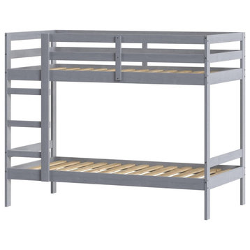 Modern Twin Bunk Bed, Wooden Frame With Integrated Guardrails, Gray