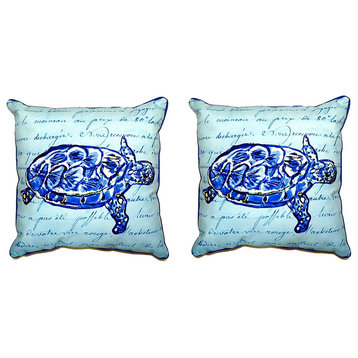 Pair of Betsy Drake Sea Turtle Blue Script Small Pillows 12 Inch X 12 Inch