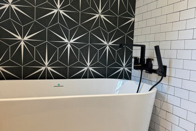 Bathroom - modern black and white tile and ceramic tile ceramic tile, white floor and double-sink bathroom idea in Wilmington with beaded inset cabinets, gray cabinets, a wall-mount toilet, gray walls, marble countertops, white countertops and a freestanding vanity