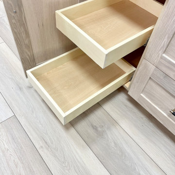 Wynnbrooke White Oak Sand and Linen White Kitchen With Gold Accents