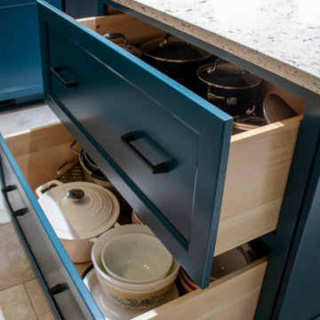 Two Tone Teal and Cream Kitchen with Romano White Quartz Countertop