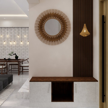 Minimalist Foyer with Vertical Wood Panels