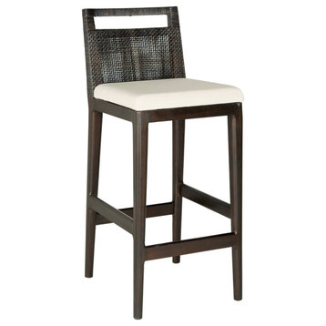 Minimalist Bar Stool, Mahogany Wood Frame With Wicker Back & Padded Seat, White