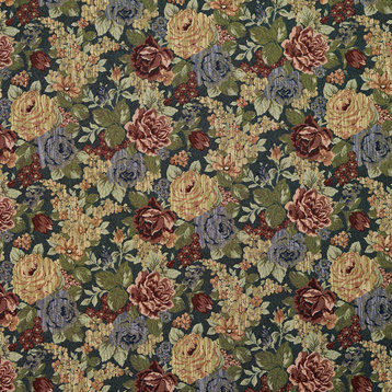 Blue, Red And Green, Floral Tapestry Upholstery Fabric By The Yard