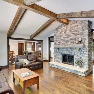 Weathered Antique Box Beams and Reclaimed Wood Fireplace Mantel