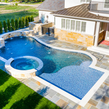 Naperville, IL freeform swimming pool with hot tub, large sunshelf, glass tile