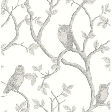 Enchanted Forest Gray Owl & Tree Wallpaper Bolt