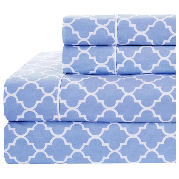 Percale Meridian 100% Cotton Sheet Set, Periwinkle & White, Split King