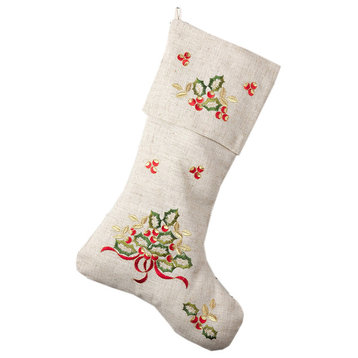 Embroidered Holly Design Decorative Linen Blend Christmas Stocking