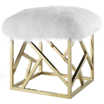 Modern Deco Accent Chair Ottoman, Metal Steel Skin, Gold White