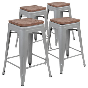 24" Counter-Height Indoor Metal Bar Stool w/Wood Seat - Stackable Set of 4, Silv