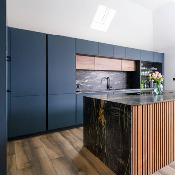 Blue and Oak Handleless Kitchen in Northwood