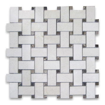 Crema Marfil Marble Basketweave Mosaic Tile Emperador Dots Polished, 1 sheet
