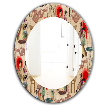 Designart Japanese Geishas Dragons Bohemian Frameless Oval Or Round Wall Mirror,