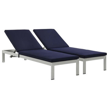 Modway Shore Fabric Patio Chaise Lounge Chairs in Silver/Navy (Set of 2)