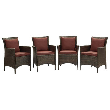 Modway Conduit 17" Rattan Patio Dining Armchair in Brown/Currant (Set of 4)