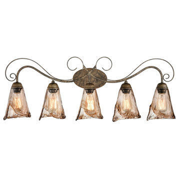 Art Deco Bathroom Vanity Lighting Amber Glass Shade - 5 Light